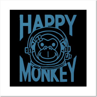 A Space Monkey Is A Happy Monkey Retro Blue Posters and Art